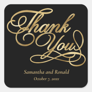 Black & Gold Foil Thank You Calligraphy Wedding Square Sticker