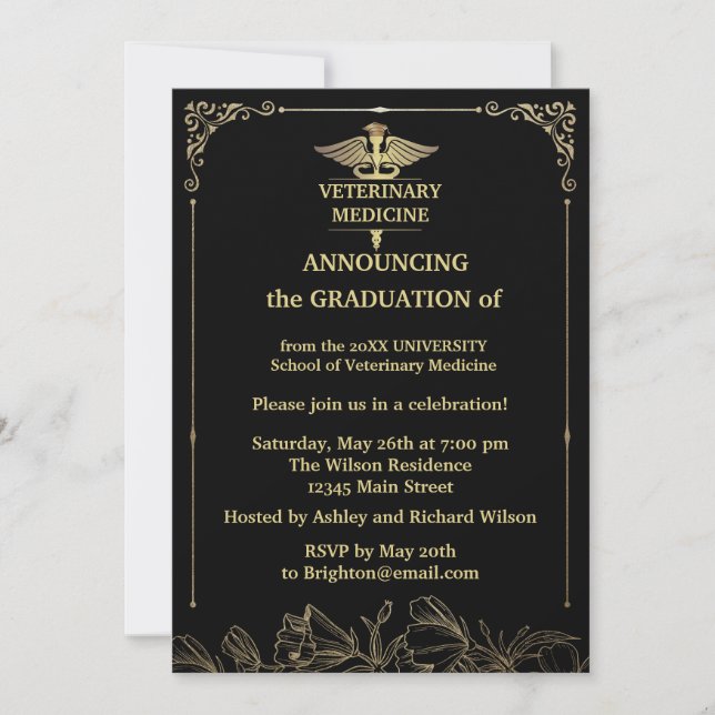 Black Gold foil Veterinary Medicine Graduation  Invitation (Front)