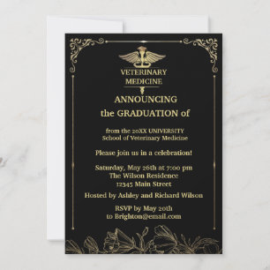Black Gold foil Veterinary Medicine Graduation  Invitation