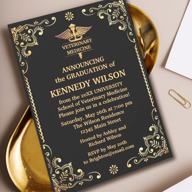 Black Gold foil Veterinary Medicine Graduation Invitation (#BlackGoldModern #goldeninvitation #blackandgoldfoil #vet #decorative #vintage #classic #goldframe)