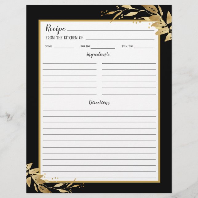 Black Gold Foliage Botanical Recipe Binder Page (Front)