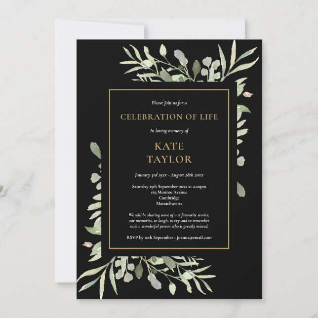 Black Gold Foliage Celebration of Life Funeral Invitation (Front)