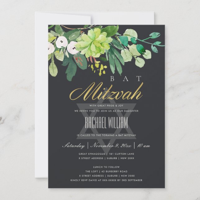 BLACK GOLD FOLIAGE GROVE STAR BAR BAT MITZVAH INVITATION (Front)