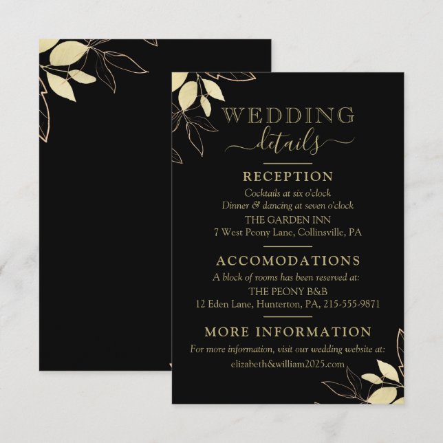 Black & Gold Foliage Modern Botanical Wedding Enclosure Card (Front/Back)