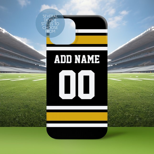 Black Gold Football Jersey Custom Name Number Case-Mate iPhone Case (Personalized Phone Case with a Football Jersey Stripe Design)