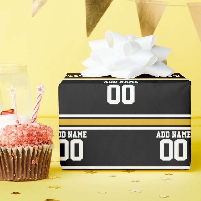 Black Gold Football Jersey Custom Name Number Wrapping Paper (Birthday Party)