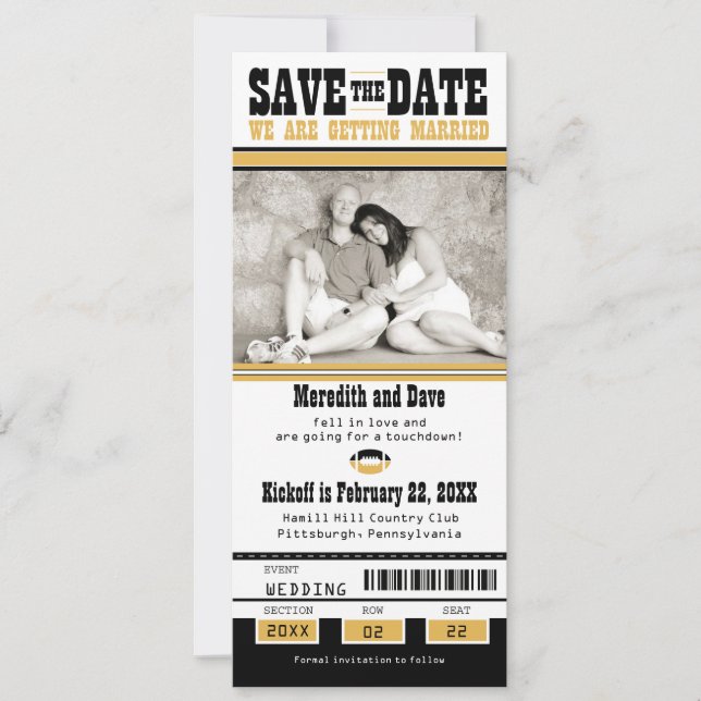 Black Gold Football Ticket Wedding Save the Date (Front)