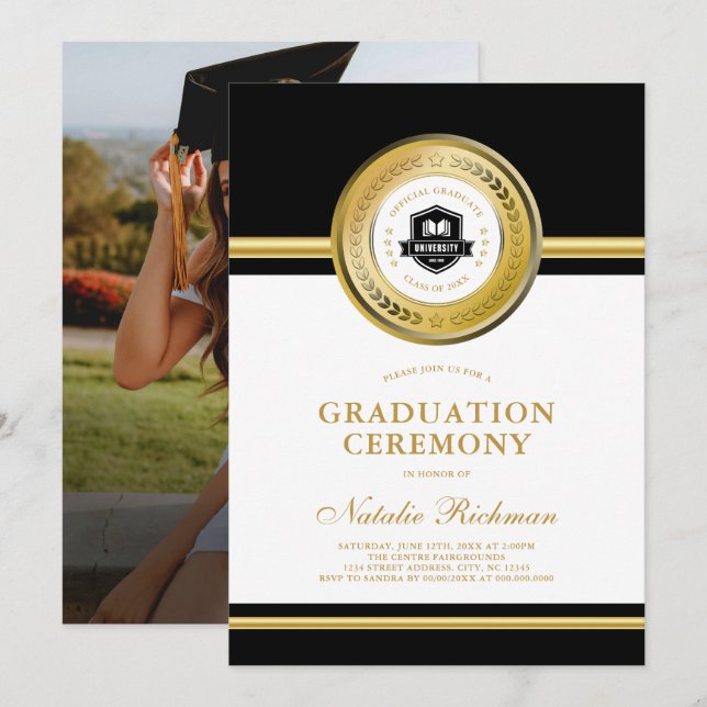 Black & Gold Formal Graduation Ceremony Photo Invitation (Front/Back)