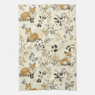 Black Gold Fox Arts Crafts Floral Pattern Tea Towel