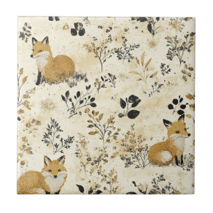 Black Gold Fox Arts Crafts Floral Pattern Tile