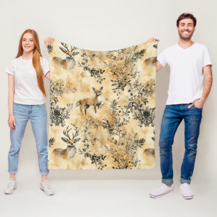 Black Gold Fox Botanical Victorian Pattern Fleece Blanket
