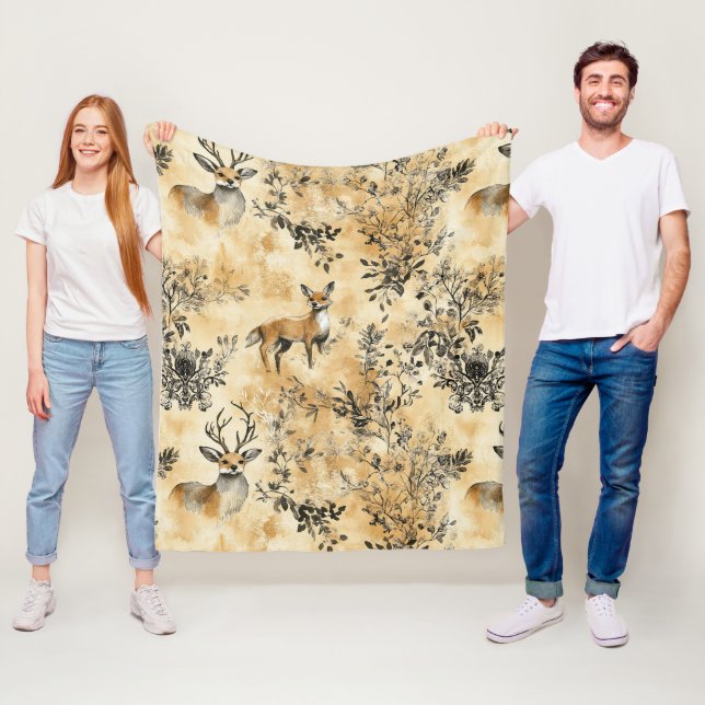 Black Gold Fox Botanical Victorian Pattern Fleece Blanket (In Situ)