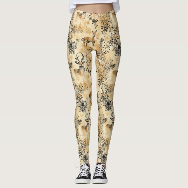 Black Gold Fox Botanical Victorian Pattern Leggings (Front)