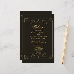 Black Gold Frame Borders Wedding Program Card