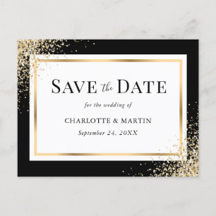 Black Gold Frame Confetti Wedding Save The Date Announcement Postcard
