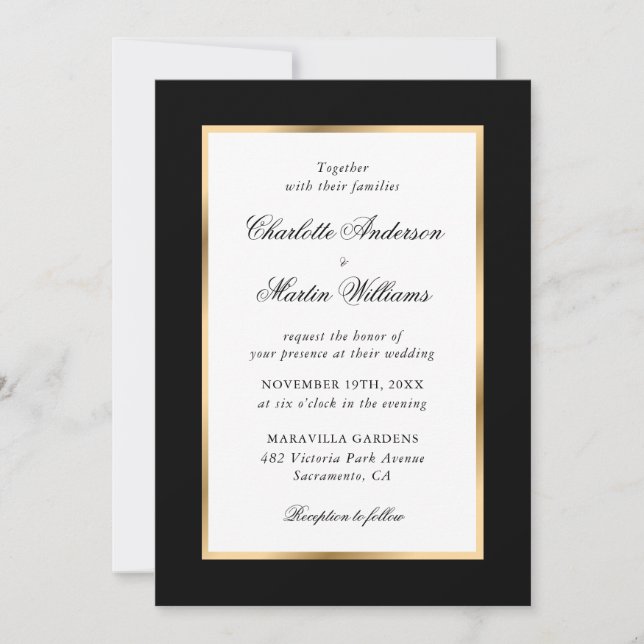 Black Gold Frame Elegant Script Wedding Invitation (Front)