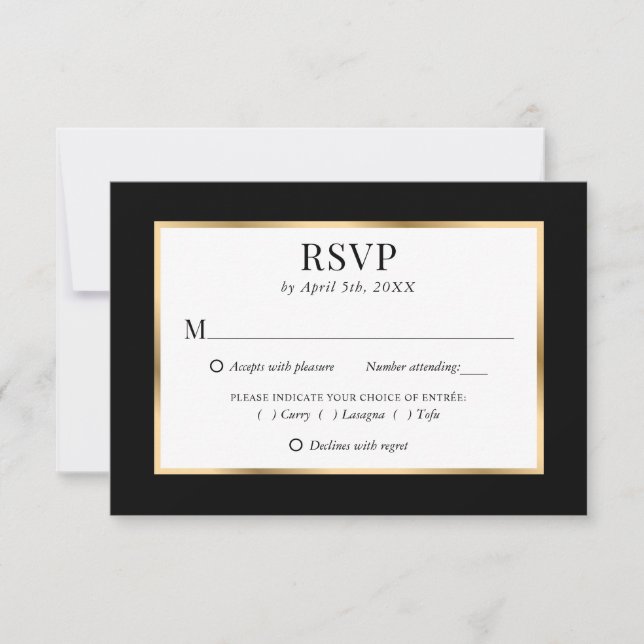 Black Gold Frame Elegant Wedding Meal Choice RSVP Card (Front)