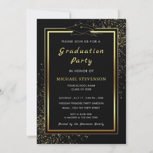 Black Gold Frame Graduation Party Cap Invitation