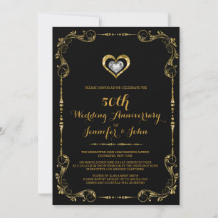 Black & Gold Frame, Heart Silver Anniversary Invitation