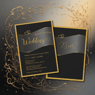 black gold frame monogram typography wedding invitation