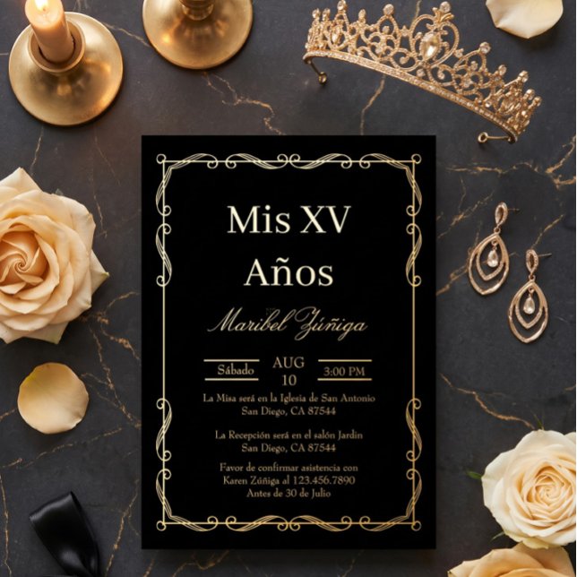 Black Gold frame Quinceanera invitation (Creator Uploaded)