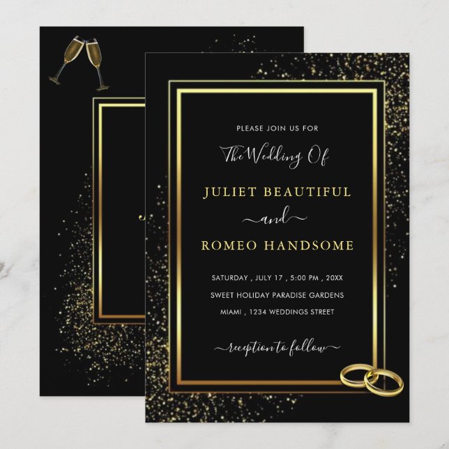 Black Gold Framed Glitter Wedding Invitation (Front/Back)
