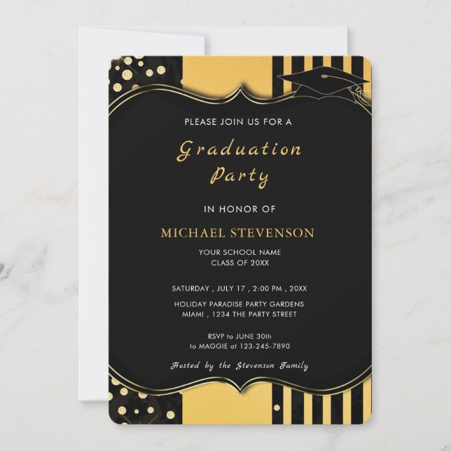 Black Gold Framed Graduation Invitation Example (Front)