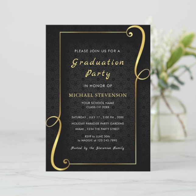 Black Gold Framed Graduation Invitation Template (Standing Front)