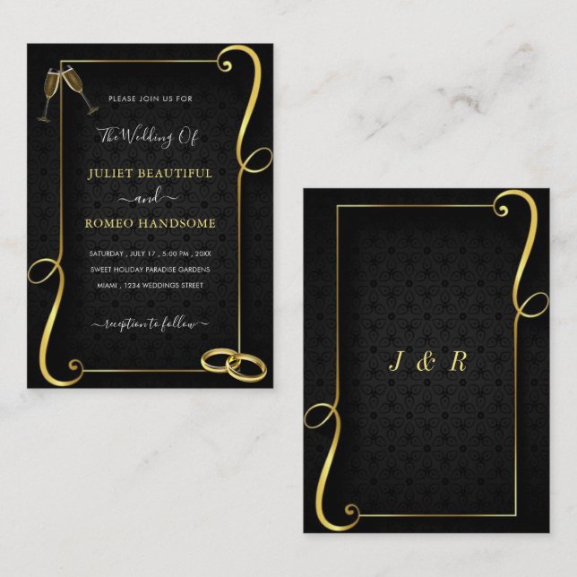 Black Gold Frames Wedding Invitation Template (Front/Back)
