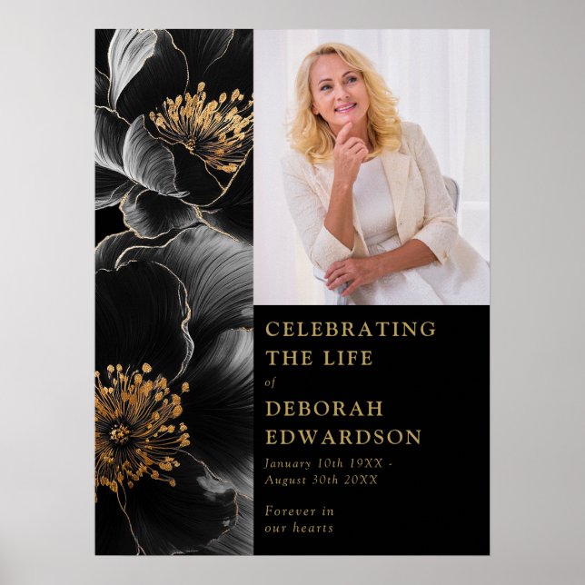 Black Gold Funeral Celebration Of Life Photo Sign (Front)