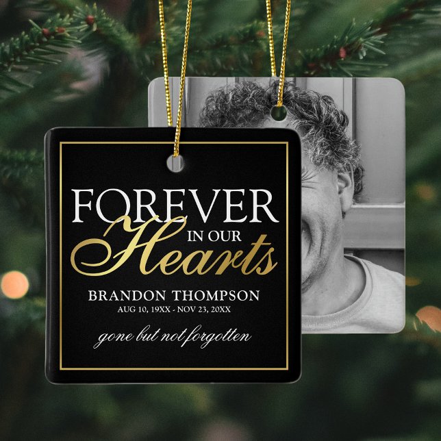 Black Gold Funeral Photo Memorial Christmas Ceramic Ornament (Creator Uploaded)