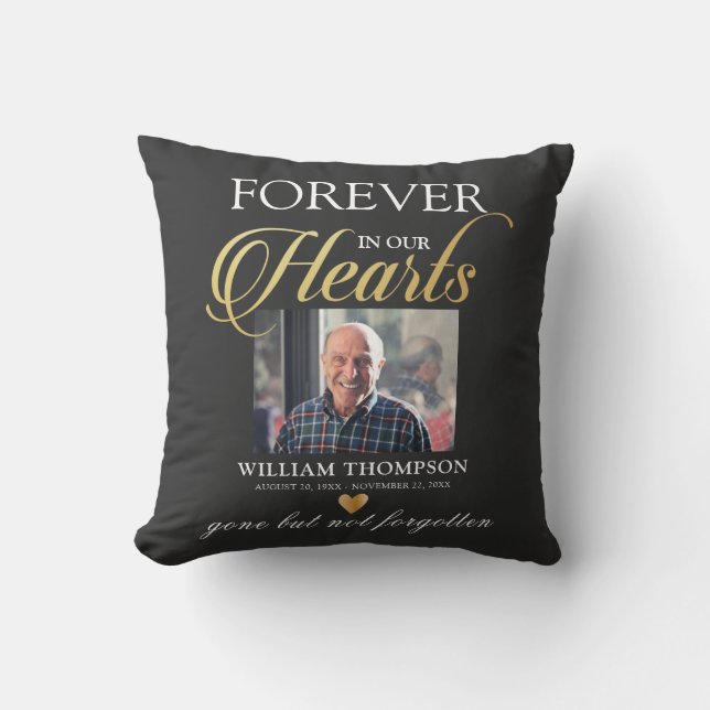 Black Gold Funeral Photo Memorial Cushion (Front)