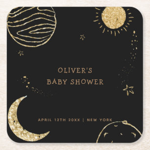 Black Gold Galaxy Moon Star Boy Baby Shower Square Paper Coaster