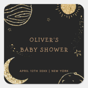 Black Gold Galaxy Moon Star Boy Baby Shower Square Sticker