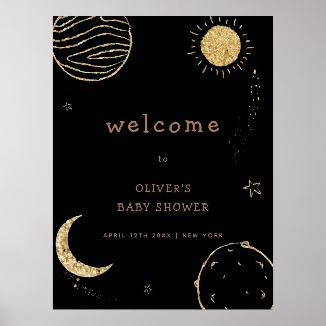 Black Gold Galaxy Outer Space Baby Shower Welcome Poster (Front)
