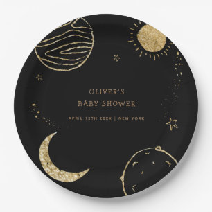 Black Gold Galaxy Outer Space Boy Baby Shower  Paper Plate