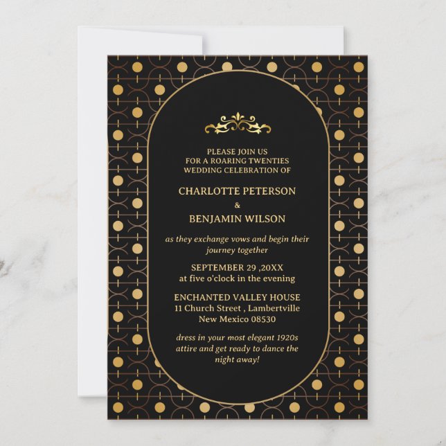Black & Gold Gatsby Art Deco  1920s Wedding Invitation (Front)