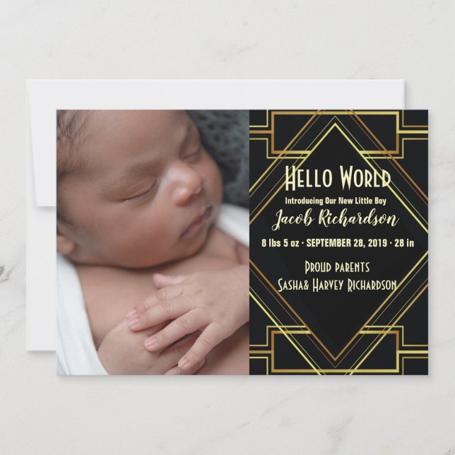 Black Gold gatsby Baby Boy Birth Announcement (Front)