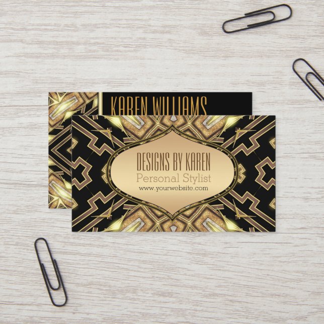 Black Gold Gatsby Goddess Stylist Business Cards (Front/Back In Situ)