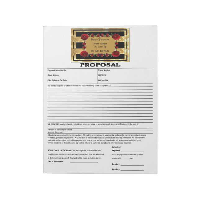Black Gold Gem Roses Proposal Notepad (Rotated)