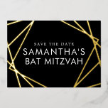 Black Gold Geometric Bat Mitzvah Save the Date<br><div class="desc">REAL foil Bat Mitzvah Save the Date Card with Modern Geometric Overlapping Squares in Gold,  Silver,  or Rose Gold Pink Foil on black and white background with your personalised photo on the back.</div>