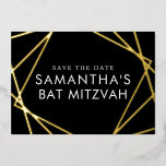 Black Gold Geometric Bat Mitzvah Save the Date<br><div class="desc">REAL foil Bat Mitzvah Save the Date Card with Modern Geometric Overlapping Squares in Gold,  Silver,  or Rose Gold Pink Foil on black and white background with your personalised photo on the back.</div>