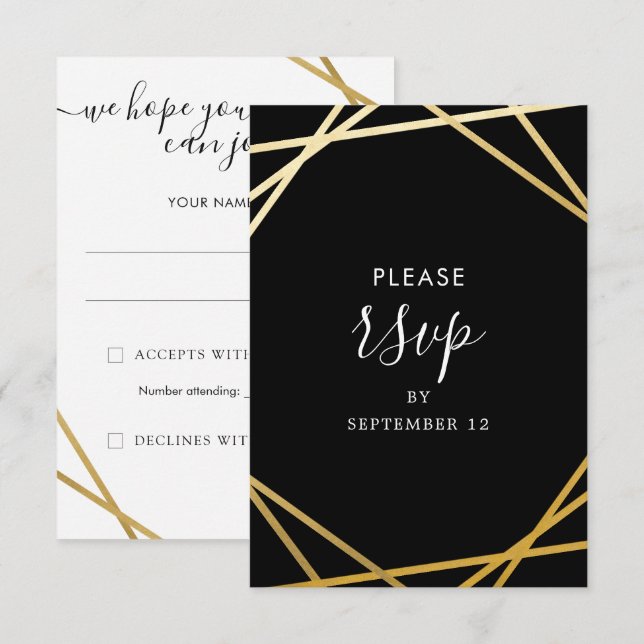 Black Gold Geometric Border Minimal Modern RSVP Card (Front/Back)