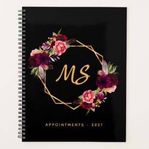 Black gold geometric burgundy floral monogram 2026 planner