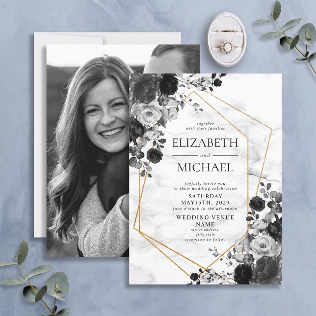 Black Gold Geometric Marble Floral Photo Wedding Invitation (Creator Uploaded)