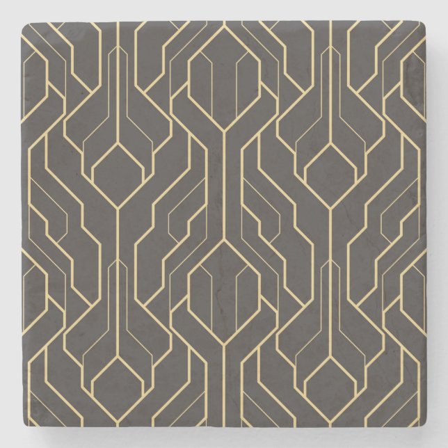 Black Gold Geometric Pattern | Art Deco Stone Coaster (Front)