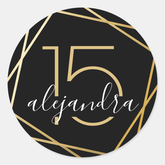 Black Gold Geometric Qunice Años Sticker Label (Front)