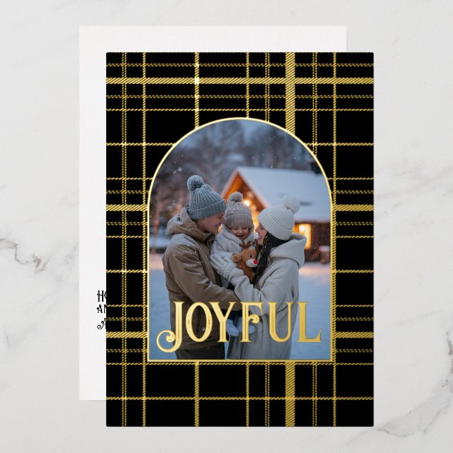 Black & Gold Gingham Christmas Holiday Photo (Front/Back)