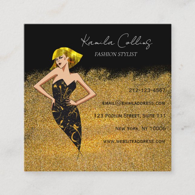 Black Gold Girl Black Dress Fashion Stylist Square Business Card (Front)