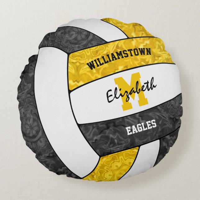 black gold girls sports volleyball team colours round cushion (Front)